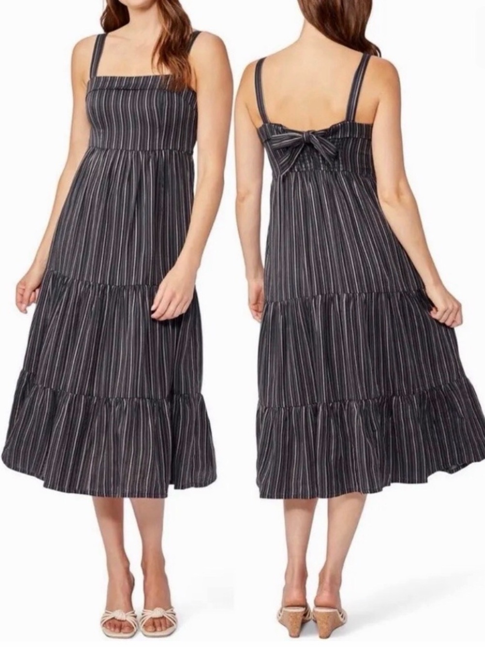 PAIGE Black & White Striped Tiered Midi Dress with Back Bow Womens S